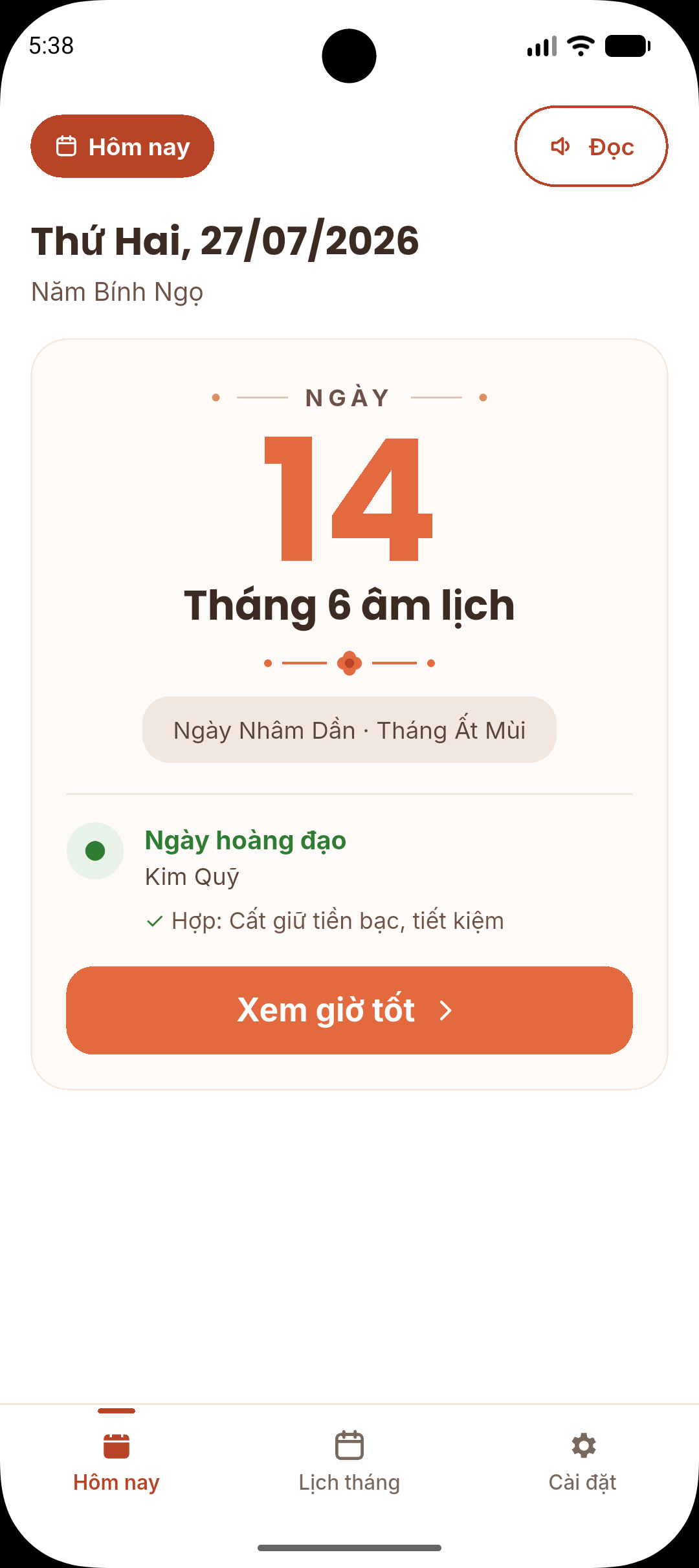 Màn hình Hôm nay của ứng dụng Lịch Âm Chữ To